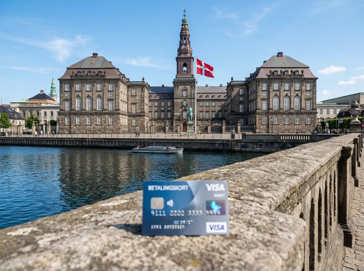 Dansk Folketinget-bygning med et Visa-kort i forgrunden som symbol på reformens påvirkning af betting